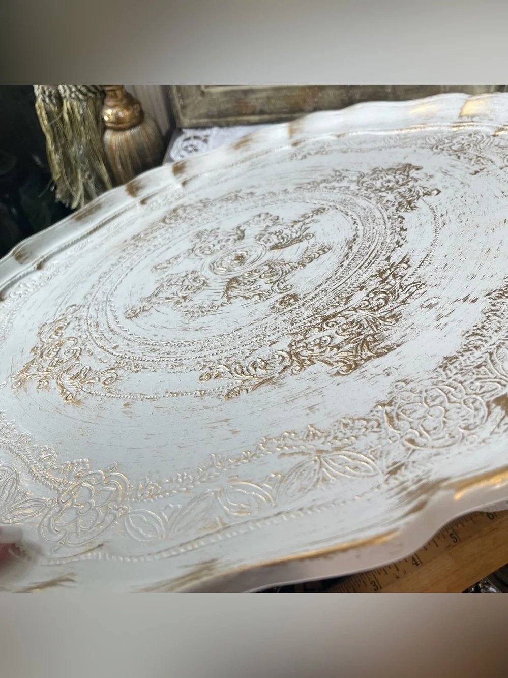 Florentine style tray white gold round serving tray